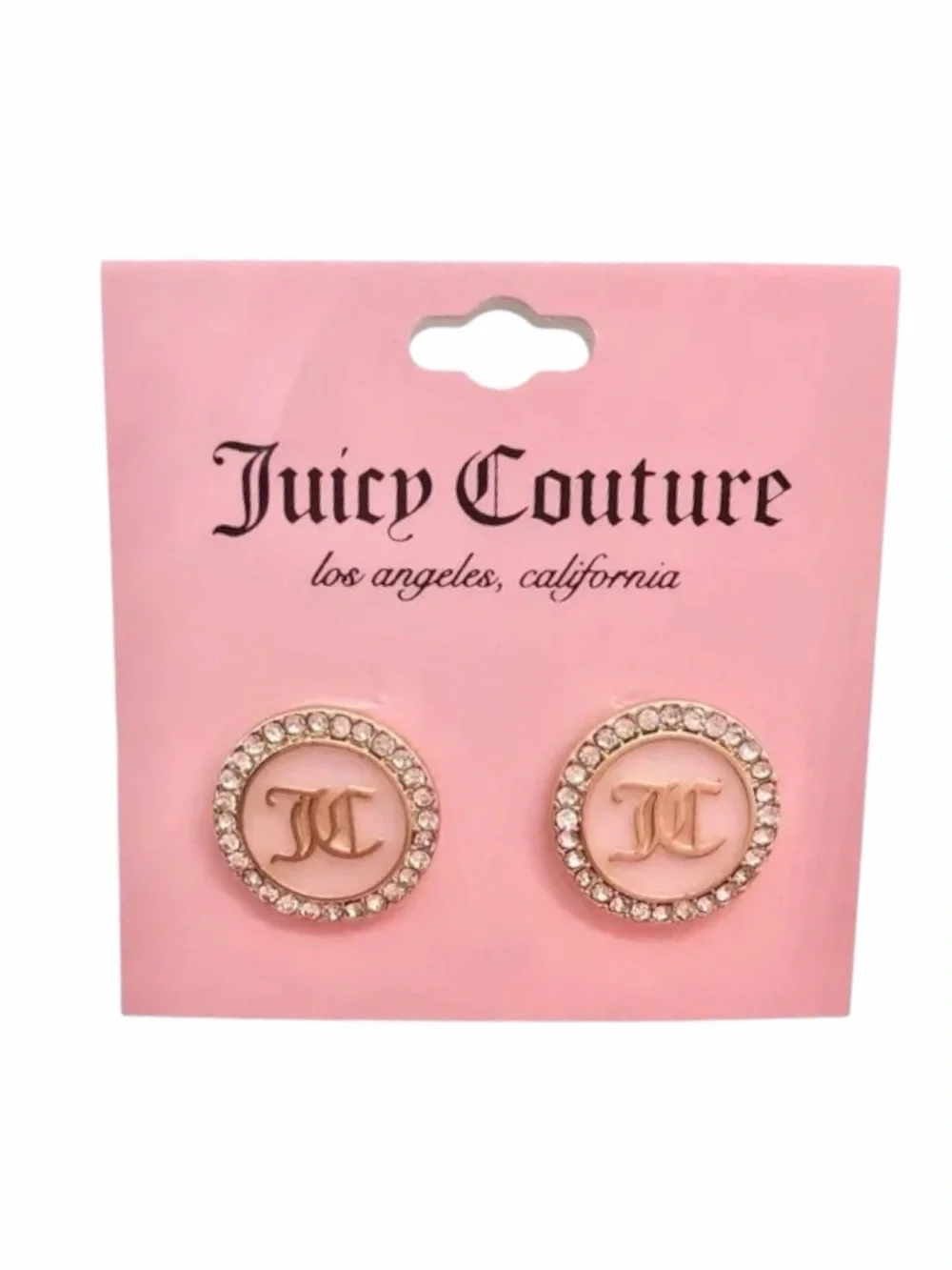 Juicy Couture Goldtone and Pave Crystal Glass Stone Pink Circle Stud Earrings